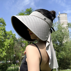 遮阳帽女夏季防晒防紫外线丝绒黑胶空顶帽子大帽檐披肩一体太阳帽