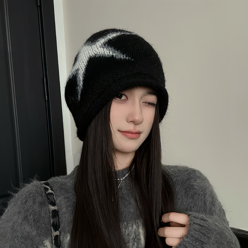 2025新款复古卷边星星针织堆堆帽