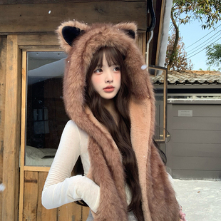 帽子围巾一体秋冬季 防寒骑车围脖连帽 保暖毛绒加厚护耳帽子女新款