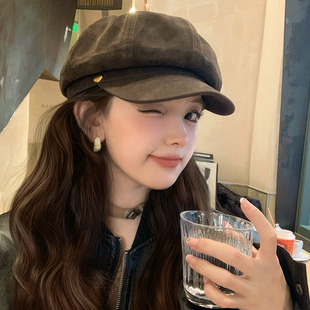 大头围鸭舌贝雷帽女秋冬八角帽画家帽子日系复古韩版显脸小报童帽