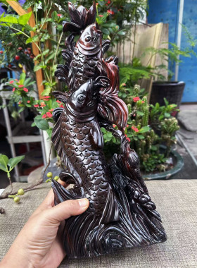 大红酸枝整木雕鲤鱼跳龙门摆件42高交趾黄檀红木年年有余一物一拍