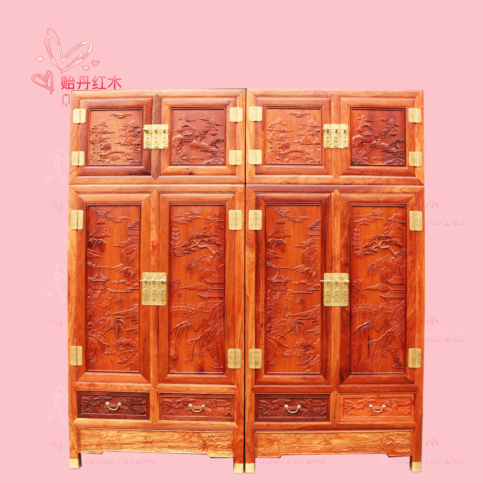 缅甸花梨木山水顶箱柜 红木衣橱 大果紫檀精雕山水大衣柜二款