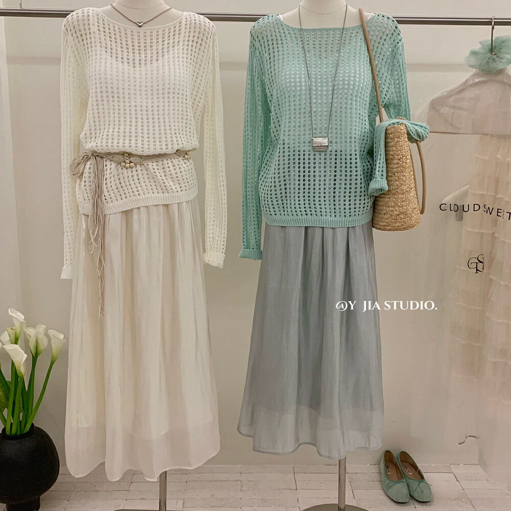 2025度假风出游镂空针织衫罩衫+鎏光半身裙长裙纱裙套装女两件套