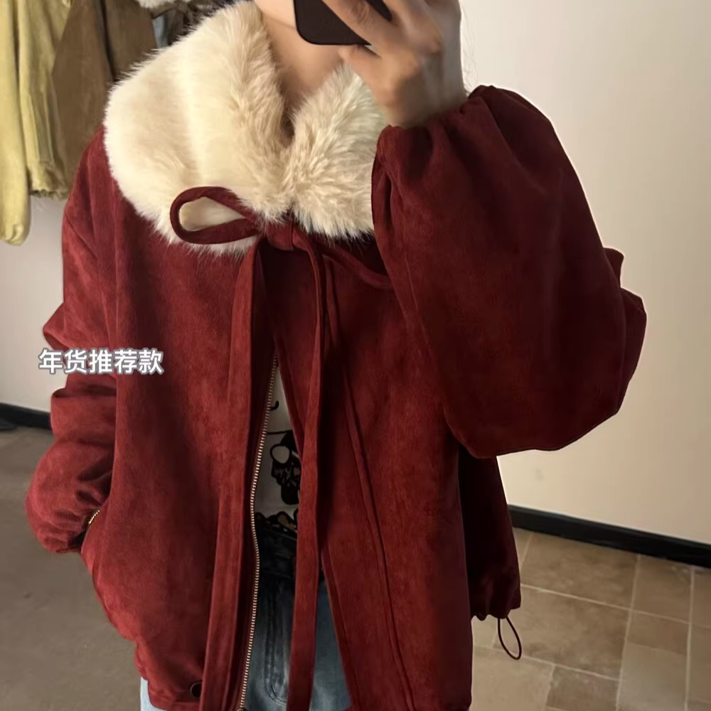 复古风可拆毛领仿麂皮夹克外套