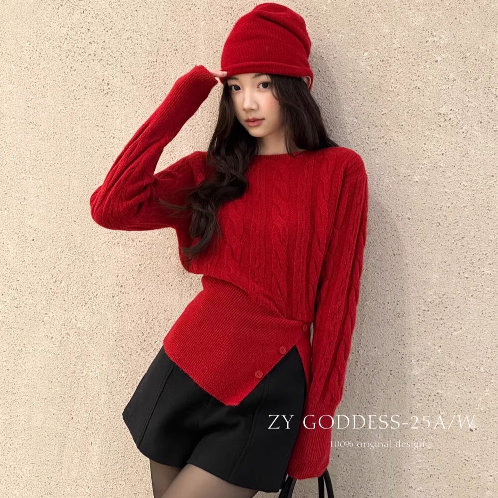 圣诞新年红麻花收腰显瘦女毛衣