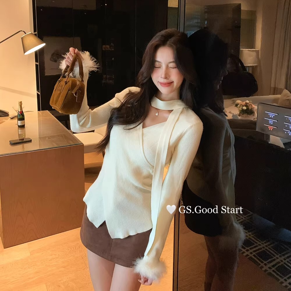 纯欲小心机设计感V领飘带针织衫