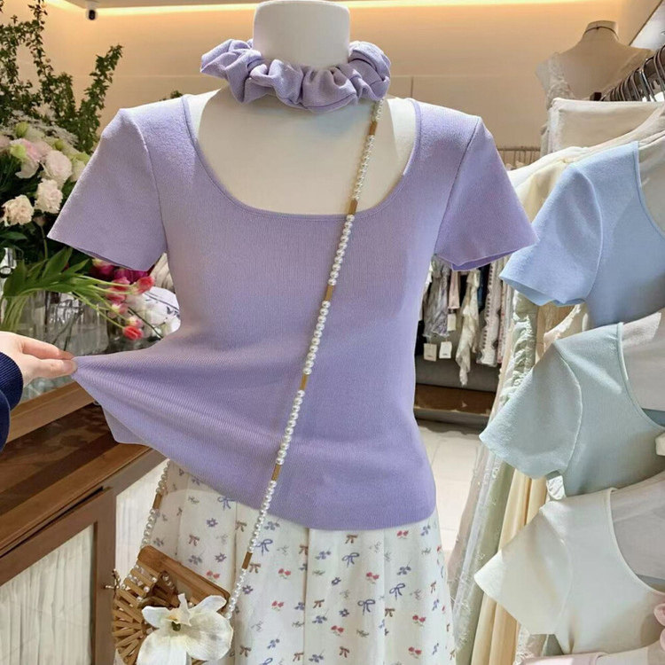 2025年夏季新款方领后露腰设计感短袖T恤小衫套头短款针织衫上衣