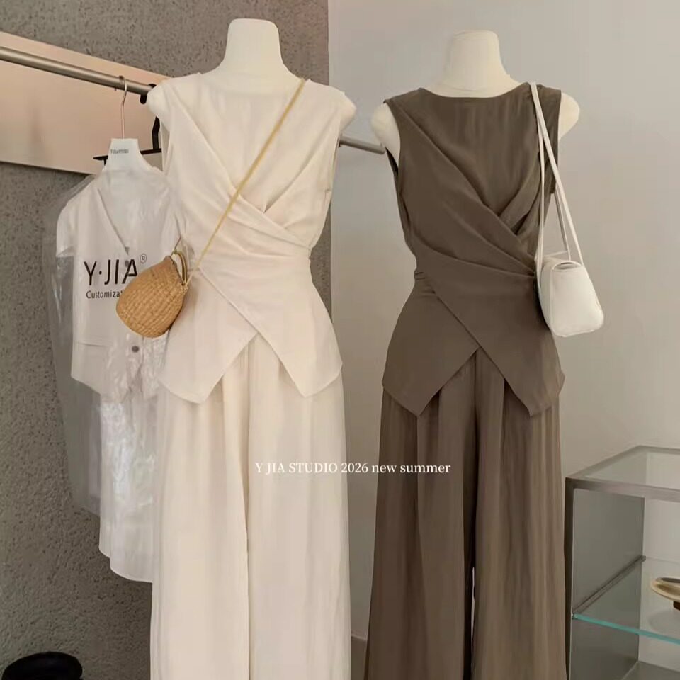 老钱设计感绑带收腰无袖小衫上衣+高腰显瘦直筒阔腿裤夏季套装