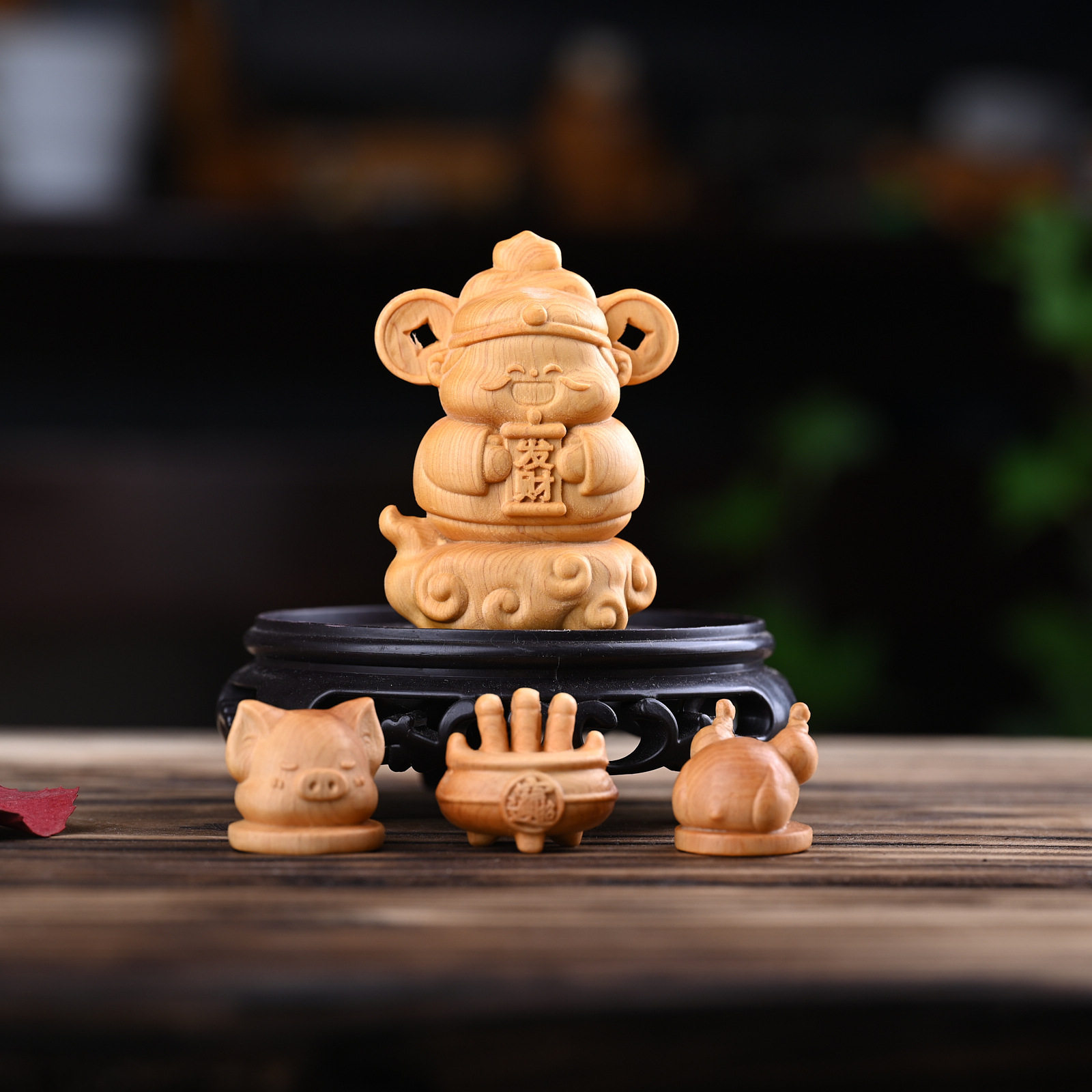 崖柏木雕迎财神卡通木质