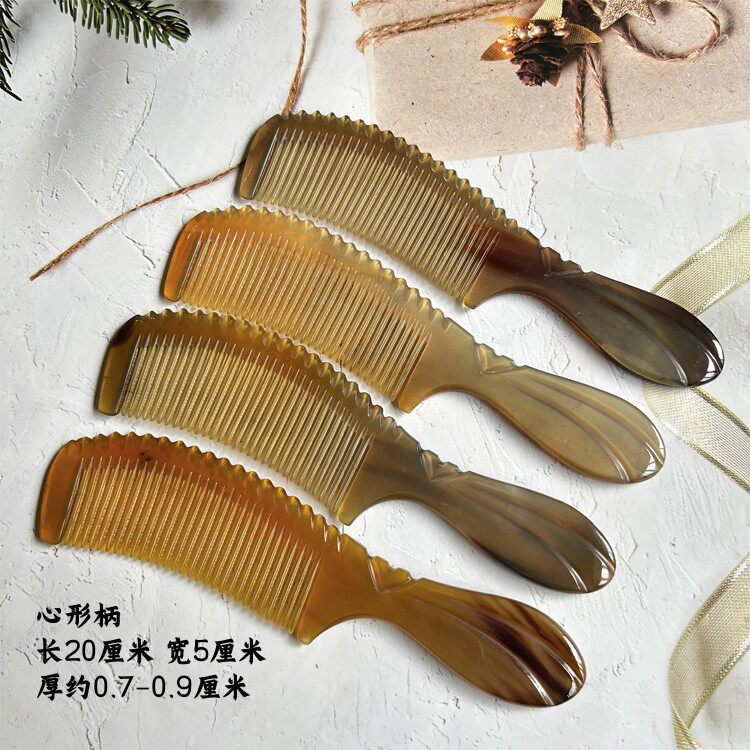 牛角梳刻花长柄带把梳圆柄美发按