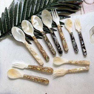 碎花柄贝壳勺16厘米珍珠蚌壳调羹甜品点心叉勺套装高档精致餐具