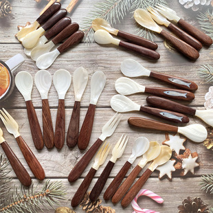 贝壳红木柄勺叉刀套装 珍珠贝壳勺高档甜品刮刀