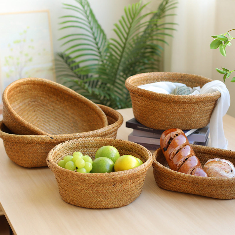 天然草编果盘果盆日式家用零食杂物收纳筐水果面包篮毛线球筐椭圆,收纳整理,其他收纳篮,淘宝优惠券,粉丝福利购,淘宝优惠卷