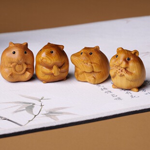 黄金檀木雕仓鼠手把件茶台办公室桌面工艺品崖柏可爱吃货人气摆件
