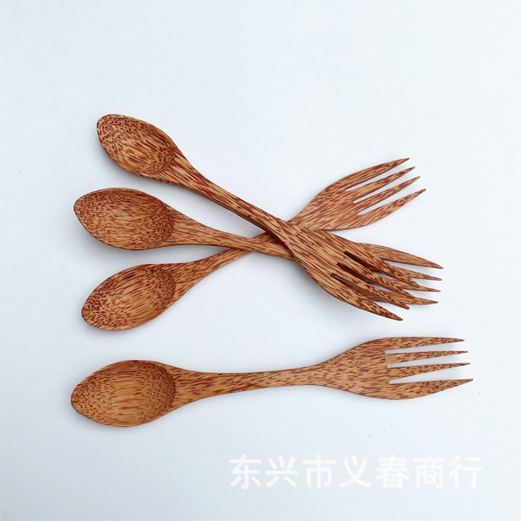 椰木叉勺两用长柄勺沙拉调料用连体整木叉勺木质勺子量大可logo