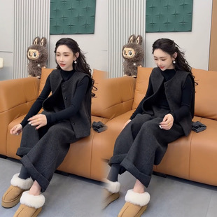 纯色套装 马甲阔腿裤 潮 显瘦气质百搭三件套女高级感打底衫 秋冬时尚