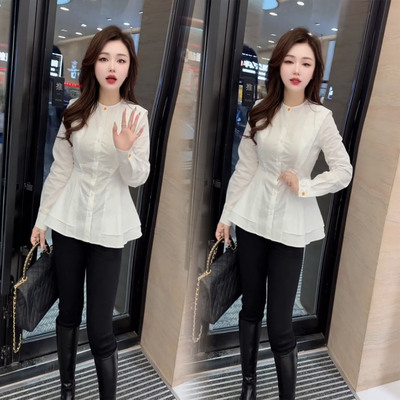 轻熟简约风百搭白色收腰衬衫女