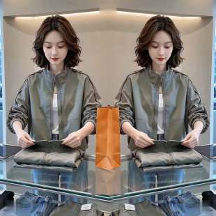 韩版时尚军绿色立领拉链短外套女秋季新款高级感气质休闲显瘦上衣