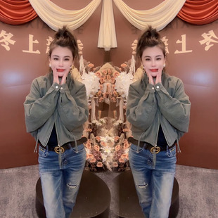 冬季休闲风军绿色加厚棉服外套女时尚百搭小个子立领拉链抽绳棉衣