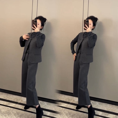 长袖上衣马甲阔腿裤三件套女潮
