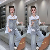 阔腿裤 2026春季 牛仔拼接衬衫 两件套女显瘦洋气高级感百搭两件套潮