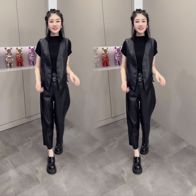 无袖纯色马甲高腰裤子两件套女