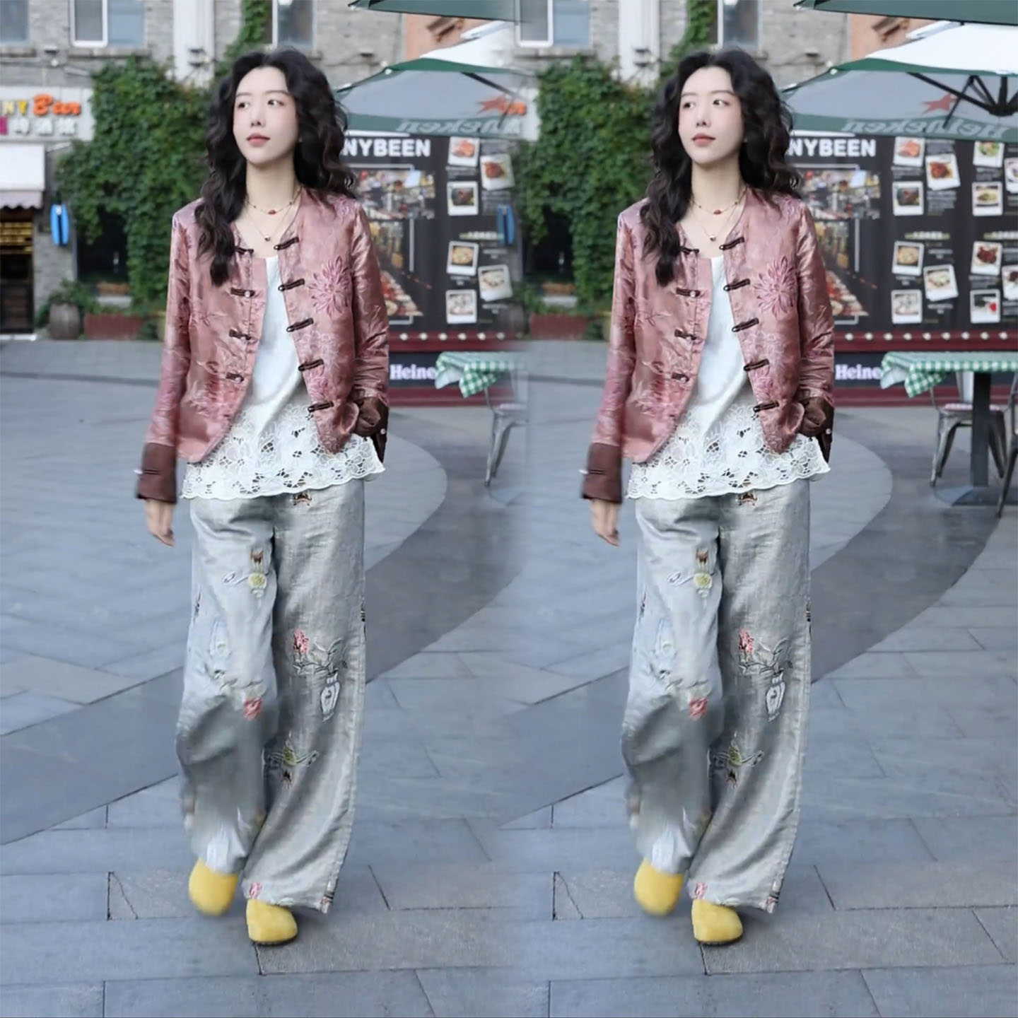 新中式穿搭国风盘扣粉色提花外套小衫两件套女冬季高级感气质套装