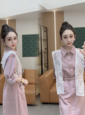 2025年春季网红爆款时尚洋气减龄高腰设计感蕾丝拼接工装连衣裙女