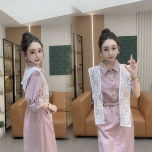 洋气减龄高腰设计感蕾丝拼接工装 时尚 连衣裙女 网红爆款 2025年春季