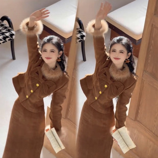 千金风毛领外套半身裙两件套 新款 小香风蝴蝶结百搭套装 女2025冬季