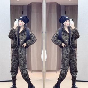 2025冬季新款欧货爆款豹点加厚外套裤子套装夹棉个性休闲两件套爆