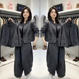 2026秋季网红新款灰色套装女气质职业通勤显瘦短外套阔腿裤两件套