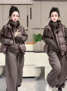 宽松显瘦马甲连帽卫衣长裤三件套