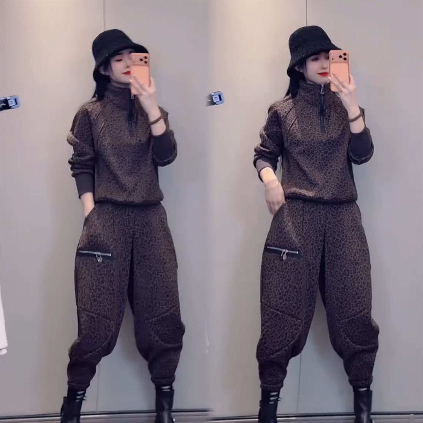 秋冬季新款宽松酷帅休闲套装女气质豹纹半拉链卫衣哈伦裤两件套女,女装/女士精品,时尚套装,淘宝优惠券,粉丝福利购,淘宝优惠卷