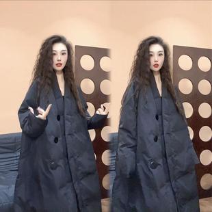 秋冬文艺宽松中长款V领羽绒棉棉服棉衣复古保暖百搭中式外套女装