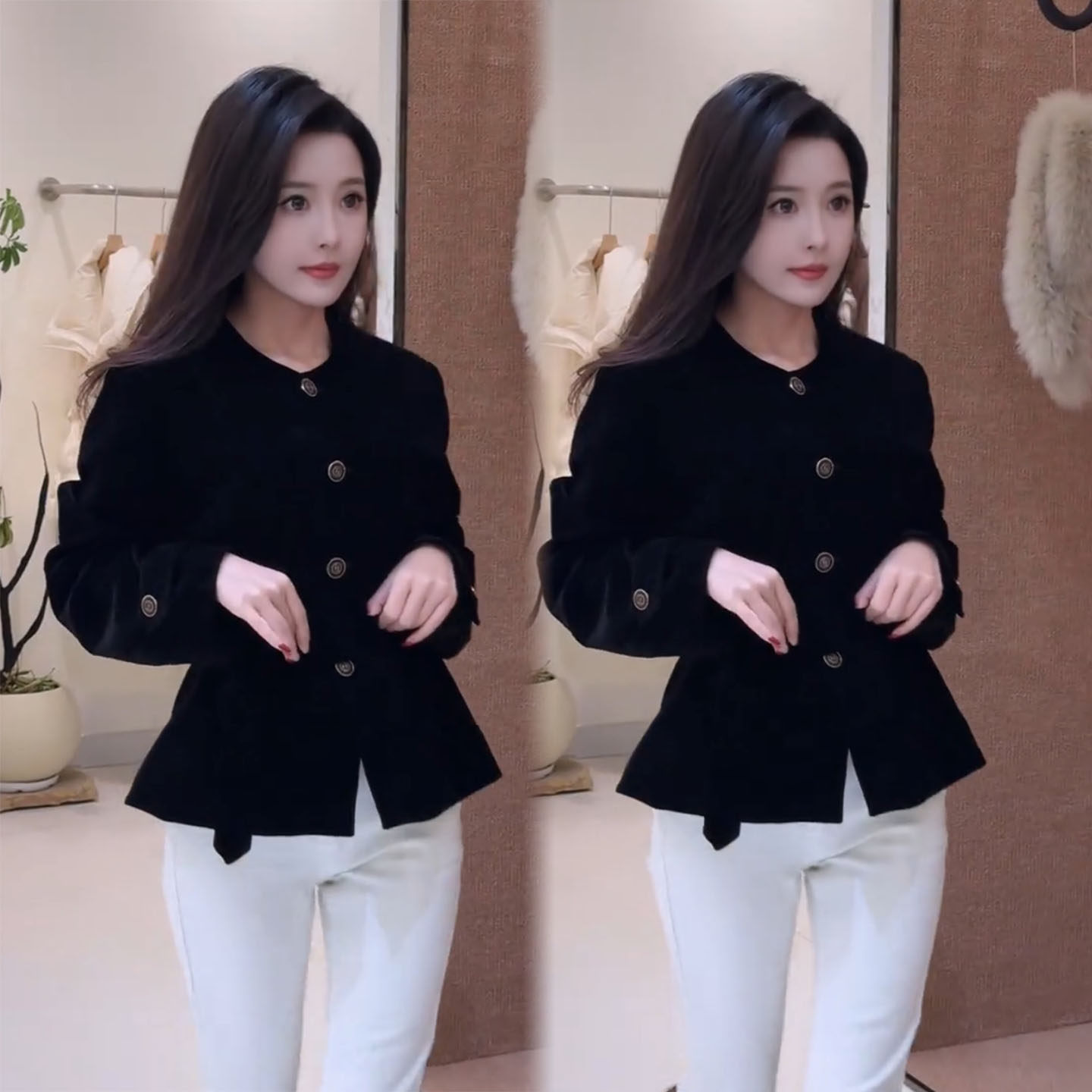 秋冬季高级感设计感圆领小衫女法式复古黑色丝绒拼接长袖上衣女潮