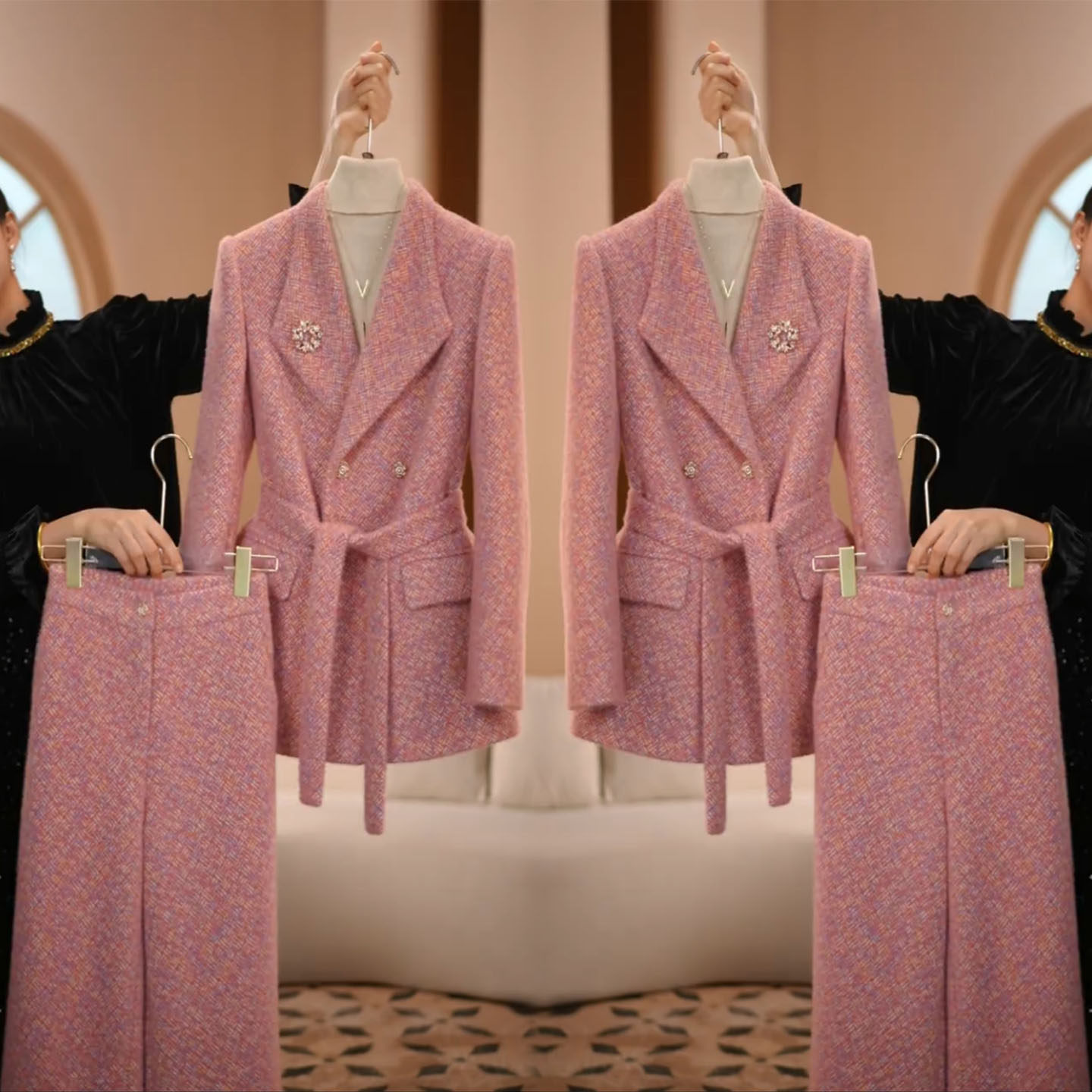 秋冬季新款高级感粉色小香风套装女收腰显瘦西装外套阔腿裤两件套,女装/女士精品,时尚套装,淘宝优惠券,粉丝福利购,淘宝优惠卷