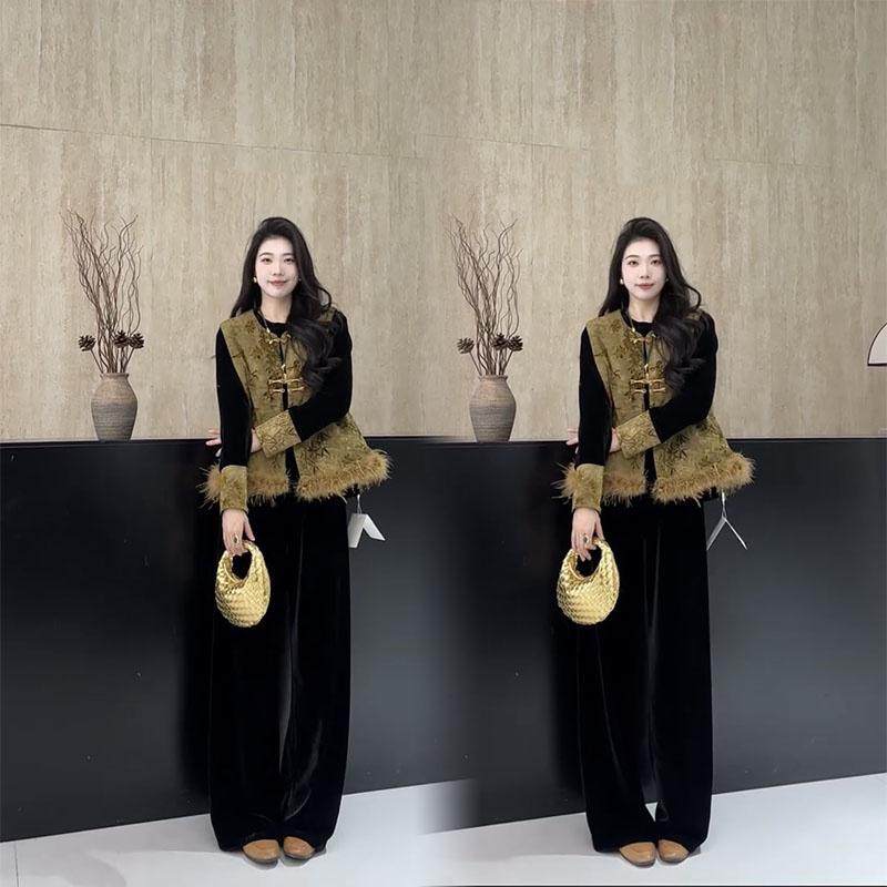 2025高级感气质毛毛拼接设计新中式马甲国风高端洋气百搭两件套潮,女装/女士精品,时尚套装,淘宝优惠券,粉丝福利购,淘宝优惠卷