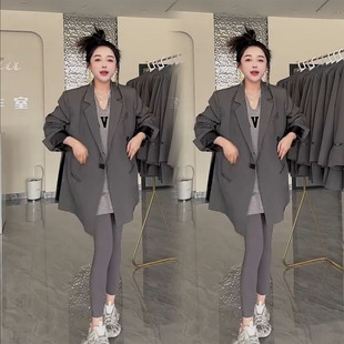 外套女中长款 极简风灰色西装 翻领通勤高级感廓形外套 新款 2026春季