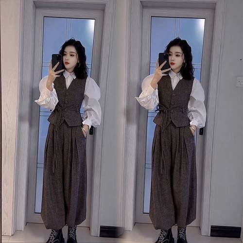 2025春秋新款高品质设计感套装女高级感衬衫马甲阔腿裤三件套女潮