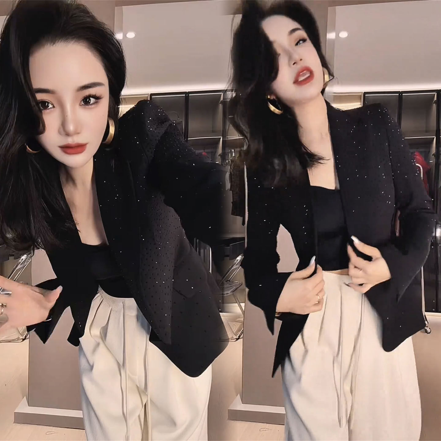 春季韩版重工黑色烫钻西装外套女短款时尚气质显瘦设计感小众潮流,女装/女士精品,短外套,淘宝优惠券,粉丝福利购,淘宝优惠卷