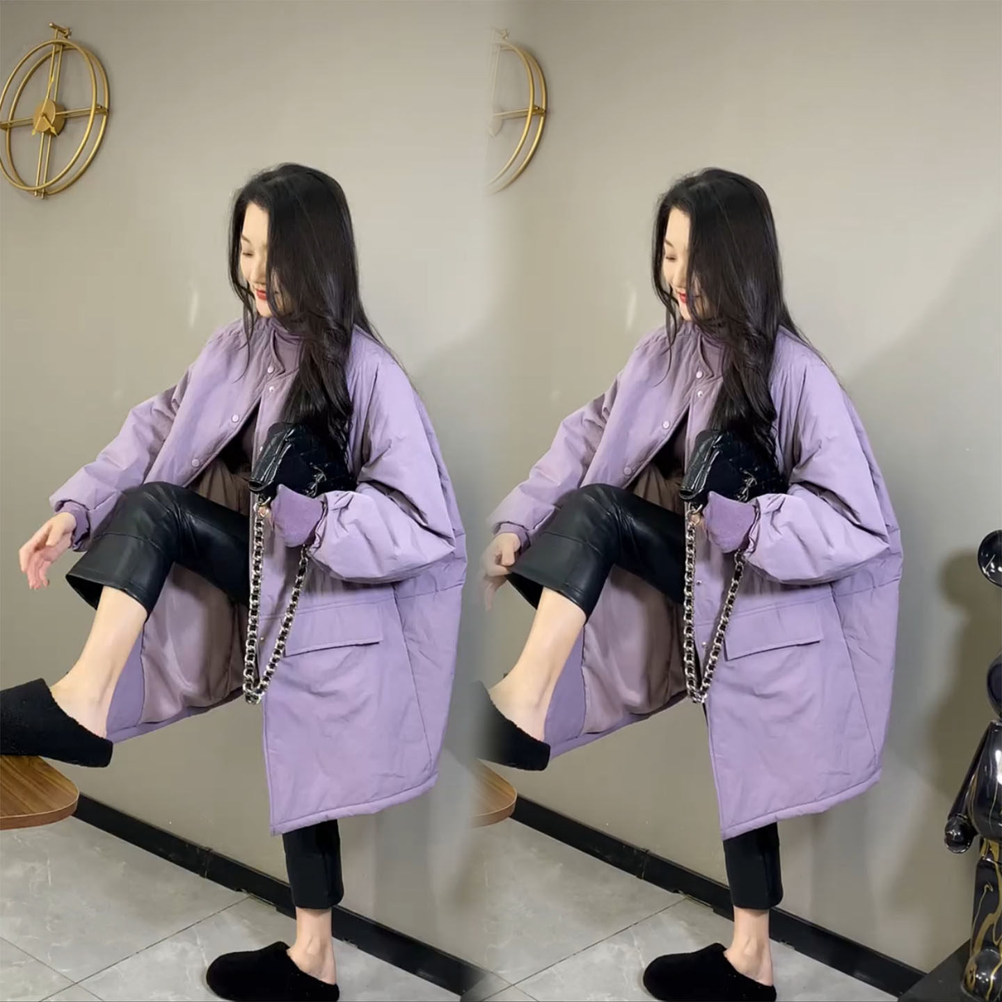 韩版工装风紫色中长款棉服女冬季新款宽松百搭小个子高级感外套潮