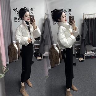 秋冬新款白色加厚保暖长袖立领单排扣抽绳高腰短款棉服外套女棉衣