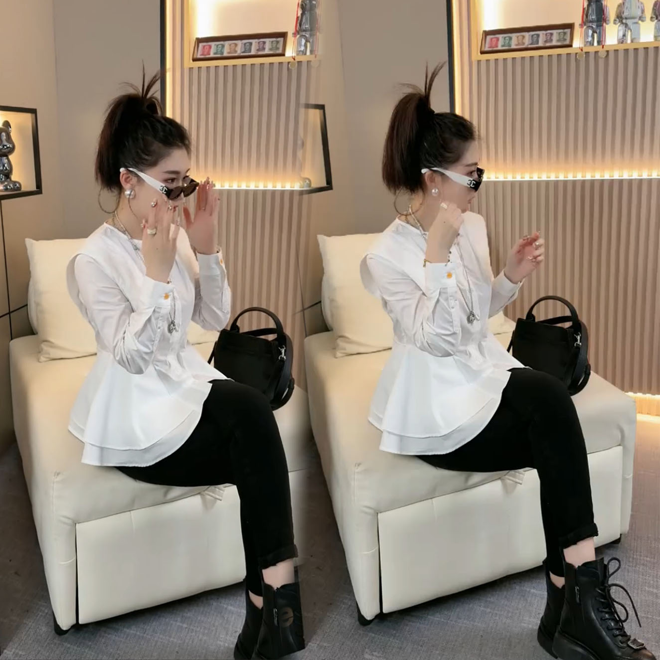 纯色百搭气质V领长袖白衬衫女