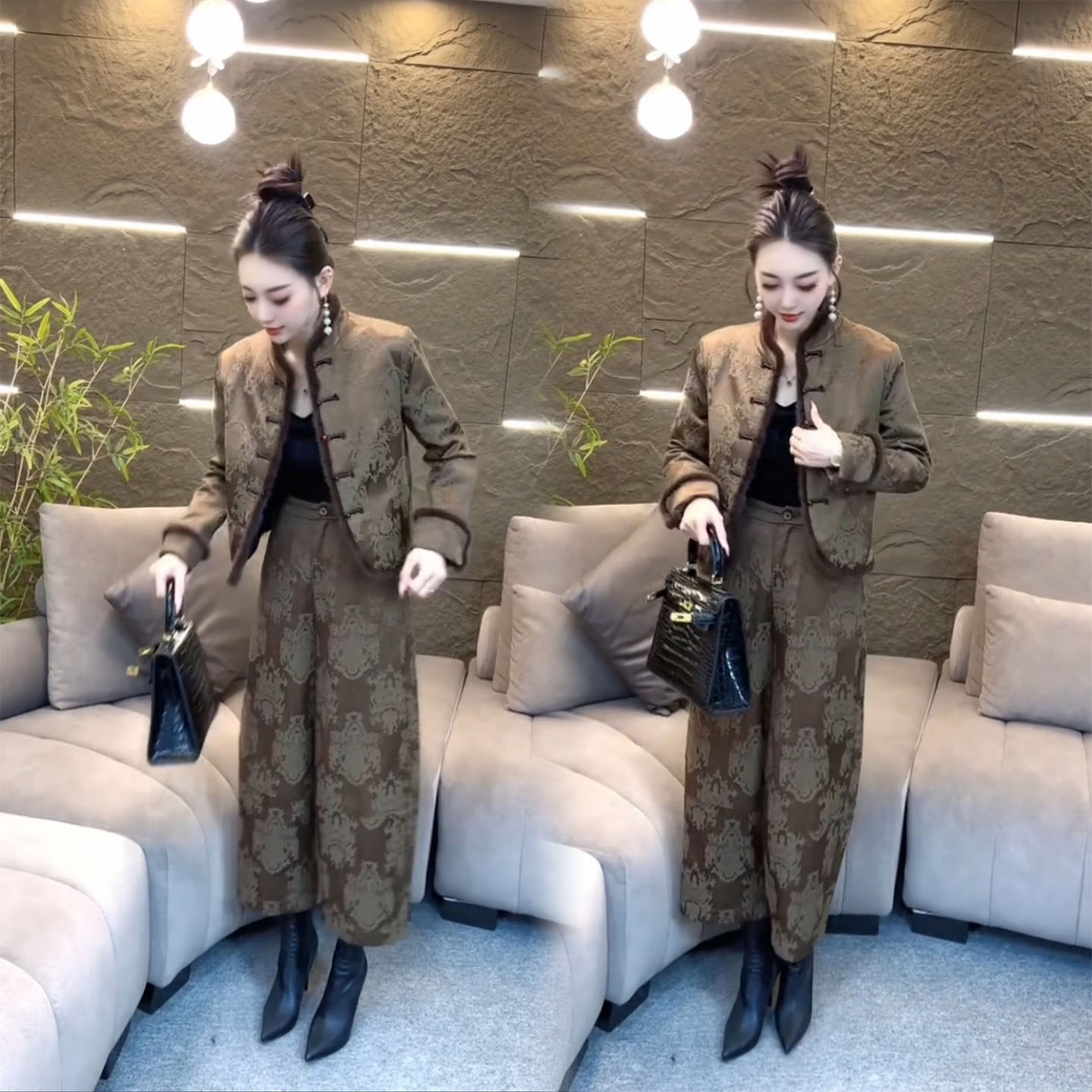 松弛感新中式风复古盘扣套装女冬季轻奢提花外套高腰阔腿裤两件套,女装/女士精品,时尚套装,淘宝优惠券,粉丝福利购,淘宝优惠卷