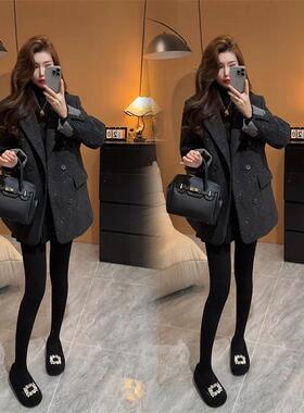 高级感气质黑色西装外套女春秋新款小个子满天星毛呢加厚西服上衣