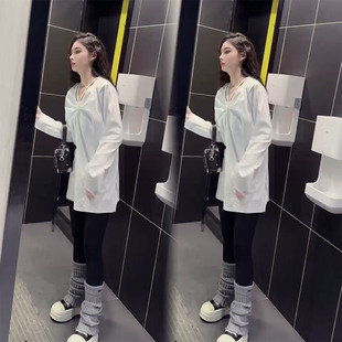 设计感小众V领长袖 中长款 衬衫 新款 显瘦上衣女潮 女2025秋冬季 韩版