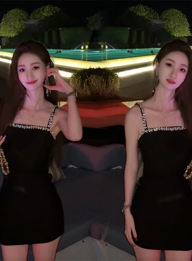 2025春夏季网红新款时尚吊带连衣裙女法式重工镶钻修身显瘦包臀裙