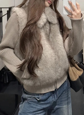 2025秋冬新款环保皮草马甲针织拼接外套女毛绒绒加厚保暖时尚上衣