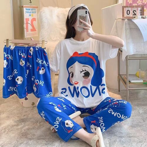 新款睡衣女春秋季韩版可爱学生薄款短袖长裤三件套夏天家居服